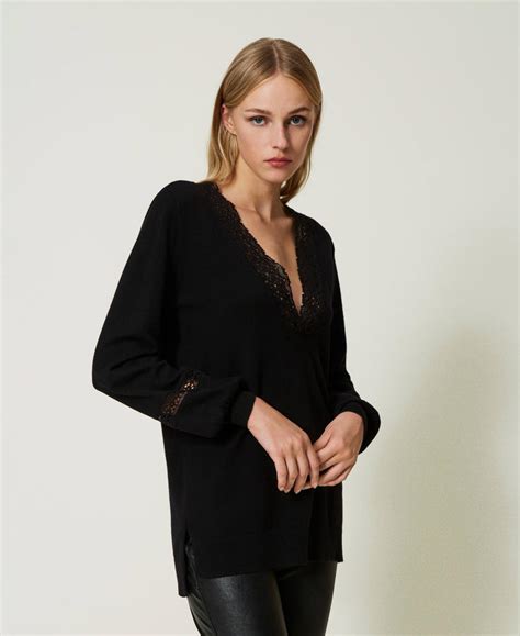 Maxi Jumper With Lace Inserts Woman Black Twinset Milano