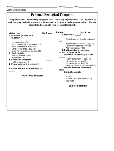 Fillable Online Ev103 Ecological Footprint Worksheetdocx Personal