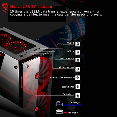 RGB Computer Case Double Side Tempered Glass Panels ATX Gaming Cooling PC Case with Two 20cm ...