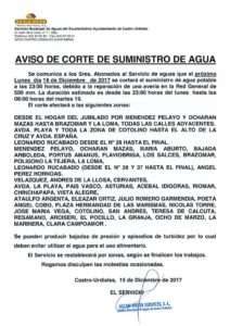 CORTE DE AGUA EL LUNES POR LA NOCHE EN UN GRAN NÚMERO DE CALLES DESDE