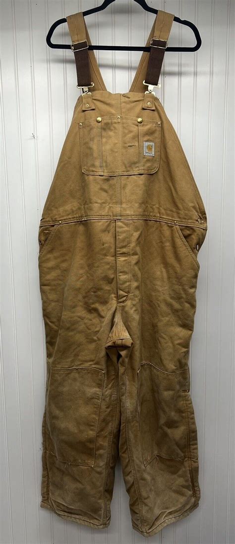 Vtg Carhartt Usa R02 Brn Dbl Knee Duck Canvas Bib Overalls Quilted