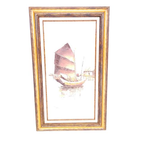 P Wong Oil Painting On Canvas Seascape Nautical Junk Boats Signed