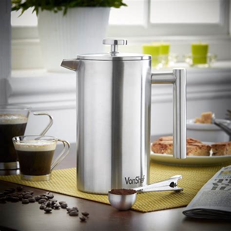 Vonshef Satin Brushed Stainless Steel French Press Double Wall Keep