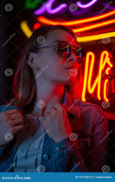 Portrait Of A Girl In Neon Lighting With Glasses Creative Light