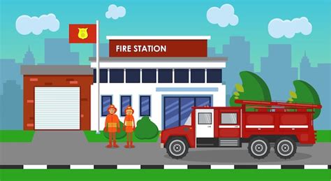 Premium Vector | The composition of the fire truck and fire station ...