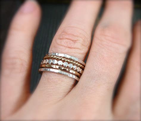 Mixed Metal Stacking Ring Set Unique Hammered Ring Set Minimalist