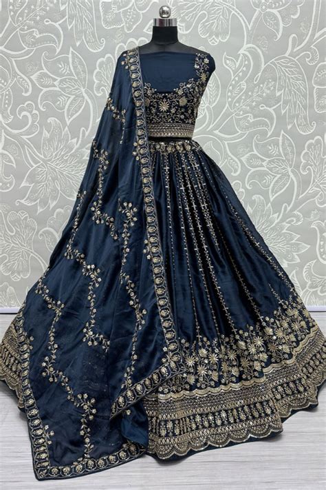 Peacock Blue Embroidered Satin Chiffon Lehenga Choli