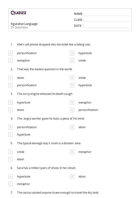 50 Figurative Language Worksheets On Quizizz Free And Printable