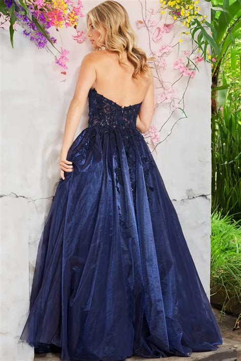 Jvn00915 Dress Jvn Navy Strapless Embroidered Prom Ballgown