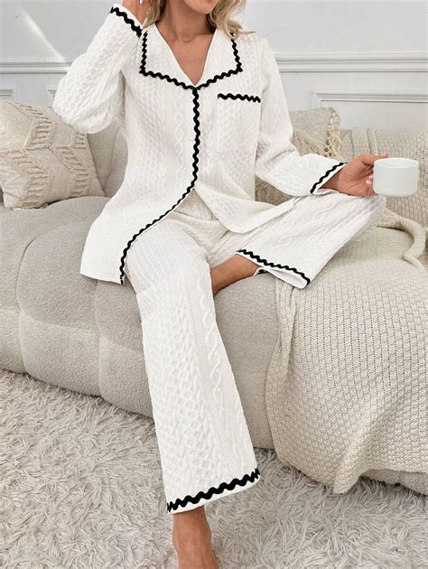 Contrast Trim Button Front Pj Set Shein Usa