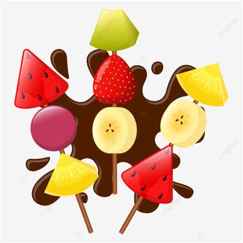 Fruit Satay Or Ice Kul With Melted Chocolate Vector Es Kul Kul Fruit