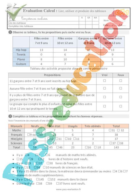 Lire Utiliser Et Produire Un Tableau Au Cm Evaluation Qcm Quiz