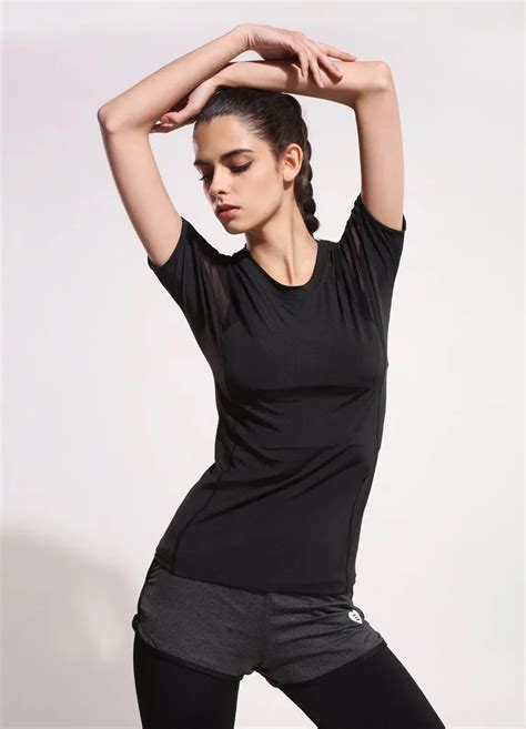 Women Black Short Sleeve Elastic Yoga Mesh Sports T Shirt Fitness Womens Gym Running Black Tops