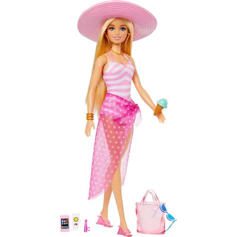 Blonde Barbie Doll With Swimsuit And Beach Themed Accessories Hpl