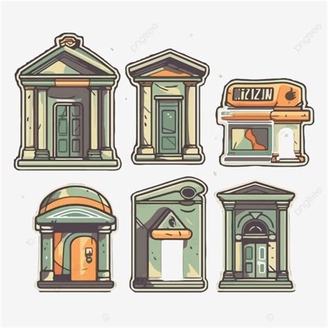 Set Of Vintage Bank And Bank Buildings Vector Banks Sticker Cartoon