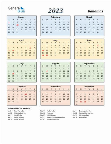 2023 Bahamas Calendar With Holidays