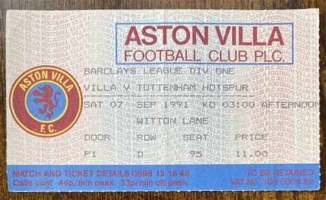 Original Division One Ticket Aston Villa V Tottenham Hotspur