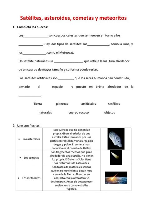 Sat Lites Asteroides Cometas Y Meteoritos Worksheet Asteroides