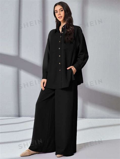 Shein Mulvari Patched Pocket Drop Shoulder Shirt And Wide Leg Trousers