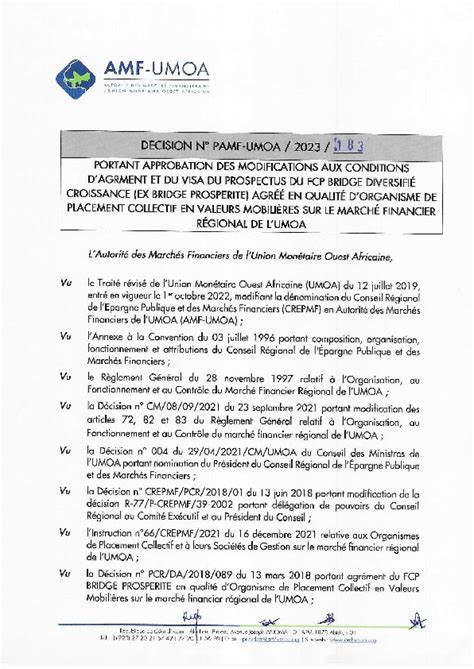 D Cision Namf Umoa Approbation Des Modifications Aux