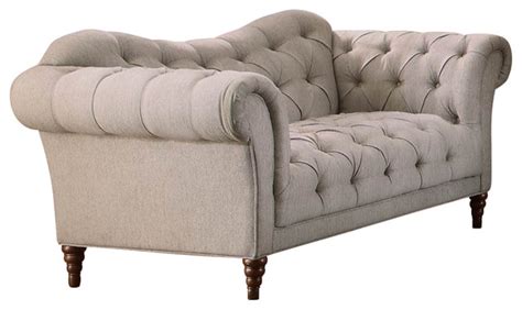 Polyester Button Tufted Loveseat With Rolled Arms Light Gray And Brown