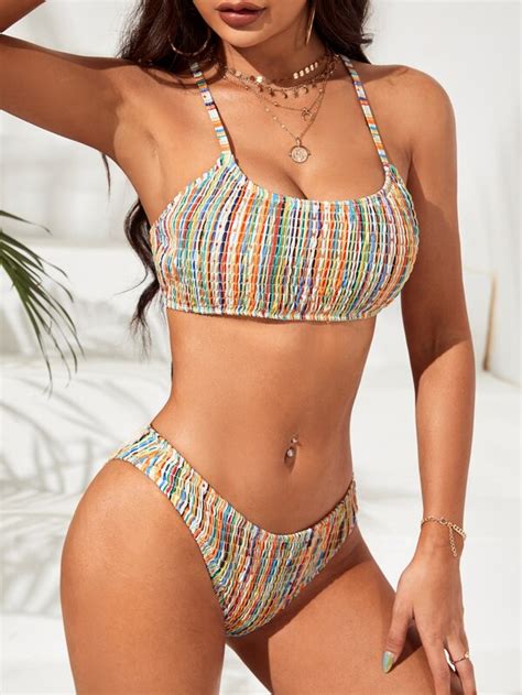 SHEIN Swim BohoFeel Colorful Striped Bikini Set Smocked Cami Top