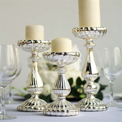 Set Of Mercury Silver Glass Pillar Candle Holder Stands Votive