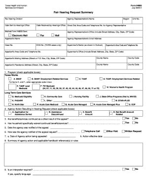 Fillable Online Dads State Tx Fair Hearing Request Summary Form H4800