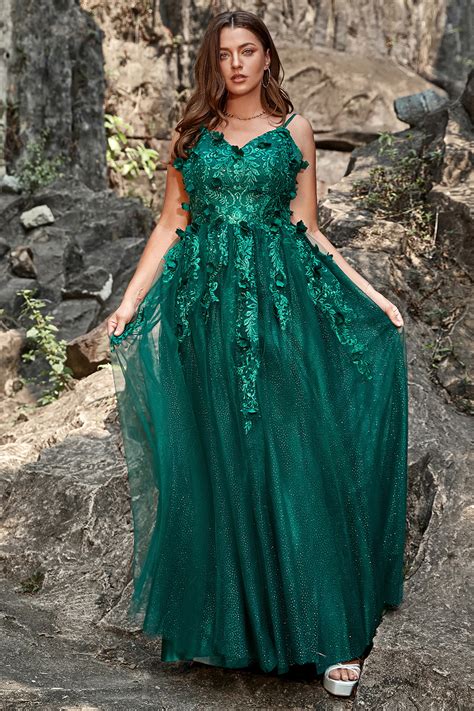 Zapakasa Women Dark Green Long Prom Dress A Line Spaghetti Straps Formal Dress With Appliques