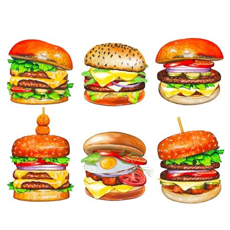 Premium Vector Set With Hand Drawn Burgers Watercolor Food Illustration