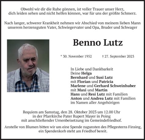 Traueranzeigen Von Benno Lutz Trauer Merkur De