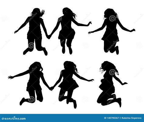 Set Of Black Vector Silhouettes Of Jumping Girls Isolated On White Background Stock Vector