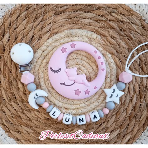 Personalized Moon And Star Pacifier Clip Matching Pink Moon Ring Baby