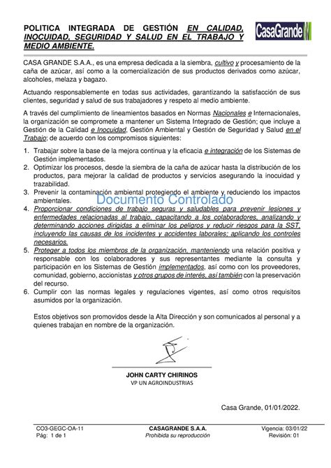 CO3 GEGC OA 11 v1 Política Integrada de Gestión en C I SST A CG