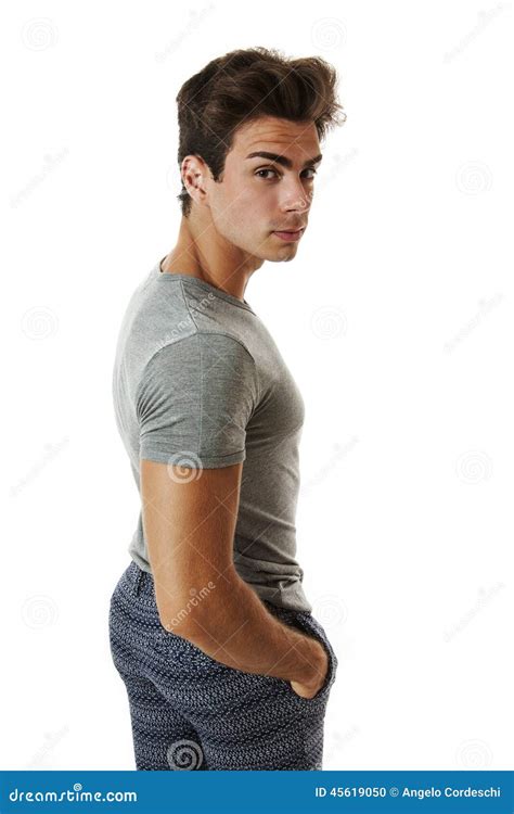Man Backside Looks Suspiciously Peering On White Stock Photo Image