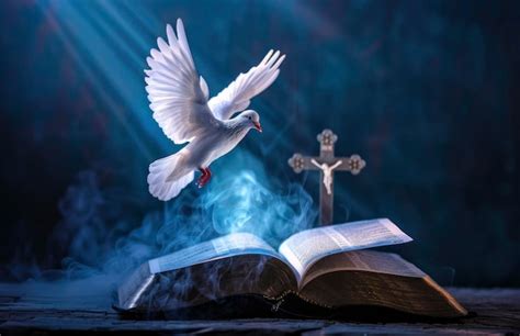 Premium Photo | A white dove is flying over a open book of bible with ...