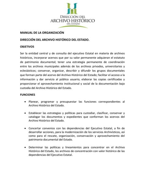 Manual De La Organizaci N Direcci N Del Archivo Hist Rico Del Estado