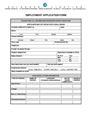 Fillable Online EMPLOYMENT APPLICATION FORM Bcoloradolightingbbcomb