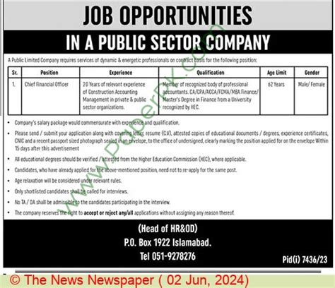 Chief Financial Officer Jobs In Islamabad At Gov Public Sector