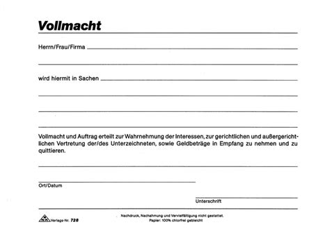 Vollmacht Vordruck Kostenlos Zum Ausdrucken