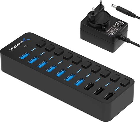 Sabrent 10 Port 60w 7 Usb Hub 3 Charging Ports With Power Adapter