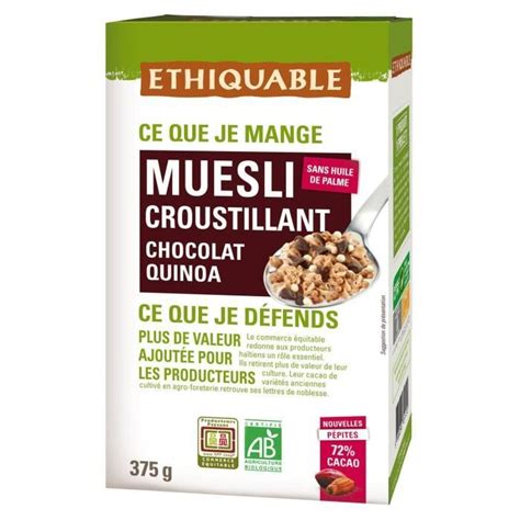 LOT DE 6 ETHIQUABLE Muesli Croustillant Chocolat Noir Quinoa Bio