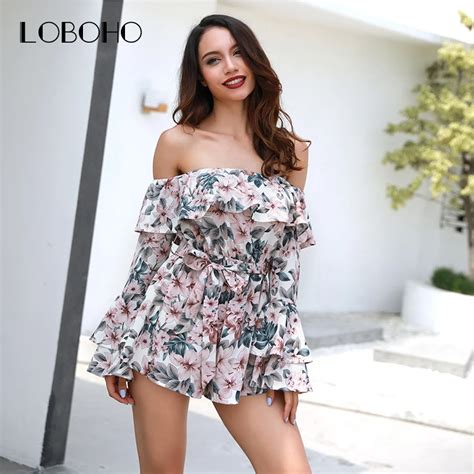 Off Shoulder Women Rompers Summer 2018 Long Sleeve Floral Print