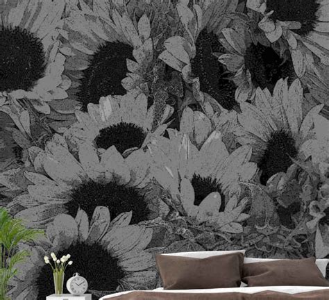 Black And White Sunflower Mural Wallpaper TenStickers