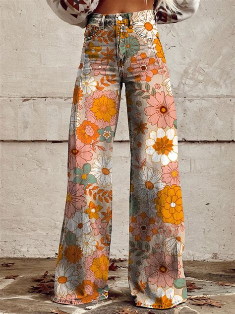 Womens Lovely Flowers Art Print Casual Wide Leg Pants