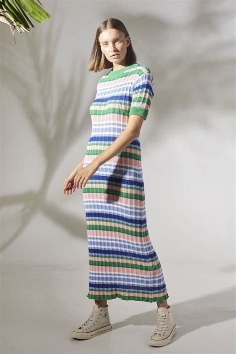 Rue Stiic Wren Maxi Knit Dress Retro Stripe Orchid Pink Elysian