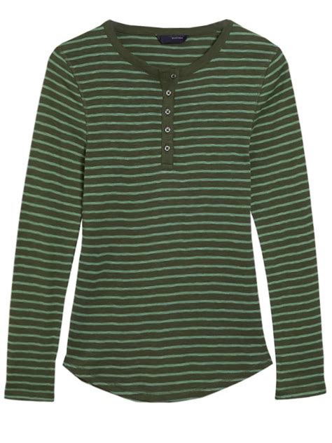 Green Pure Cotton Striped Long Sleeve Henley Top Size 8 To 22