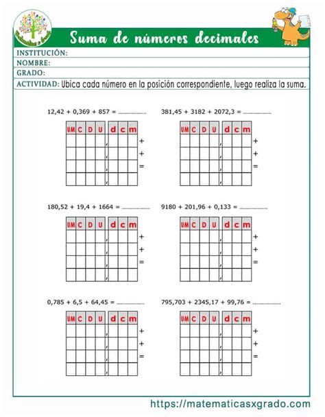 Fichas Con Ejercicios De Sumas Con Punto Decimal