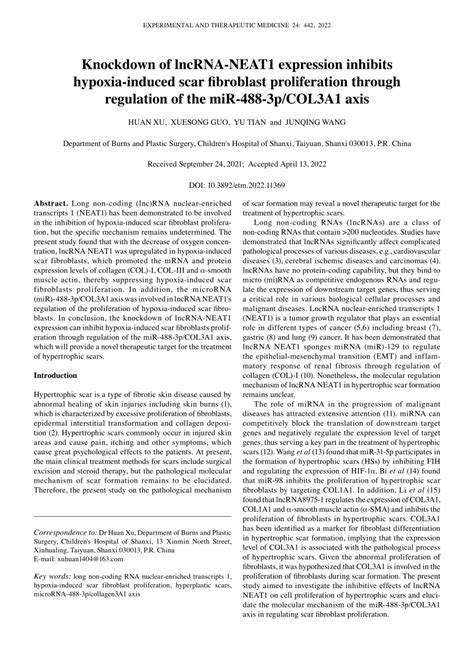 PDF Knockdown Of LncRNANEAT1 Expression Inhibits Hypoxiainduced