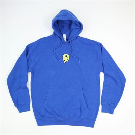 Vintage Melting Drip Smiley Face Hoodie Sweatshirt Blue Embroidered ...